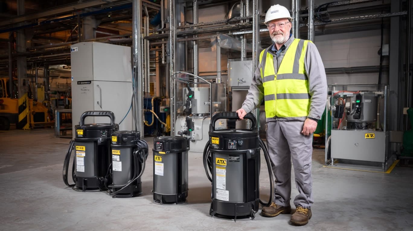 Starszy mężczyzna w kamizelce odblaskowej prezentuje odkurzacze przemysłowe