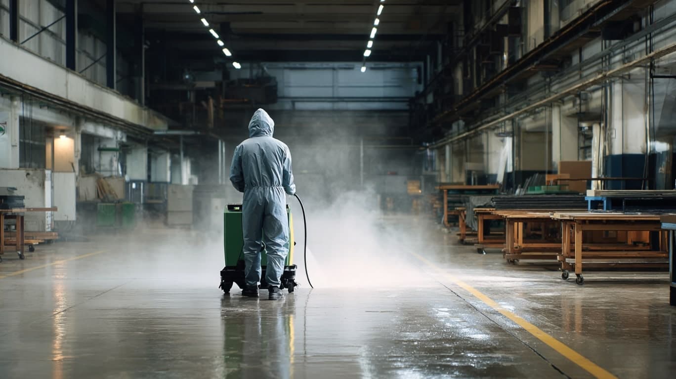 Mężczyzna w kombinezonie obsługuje urządzenie czyszczące w hali produkcyjnej